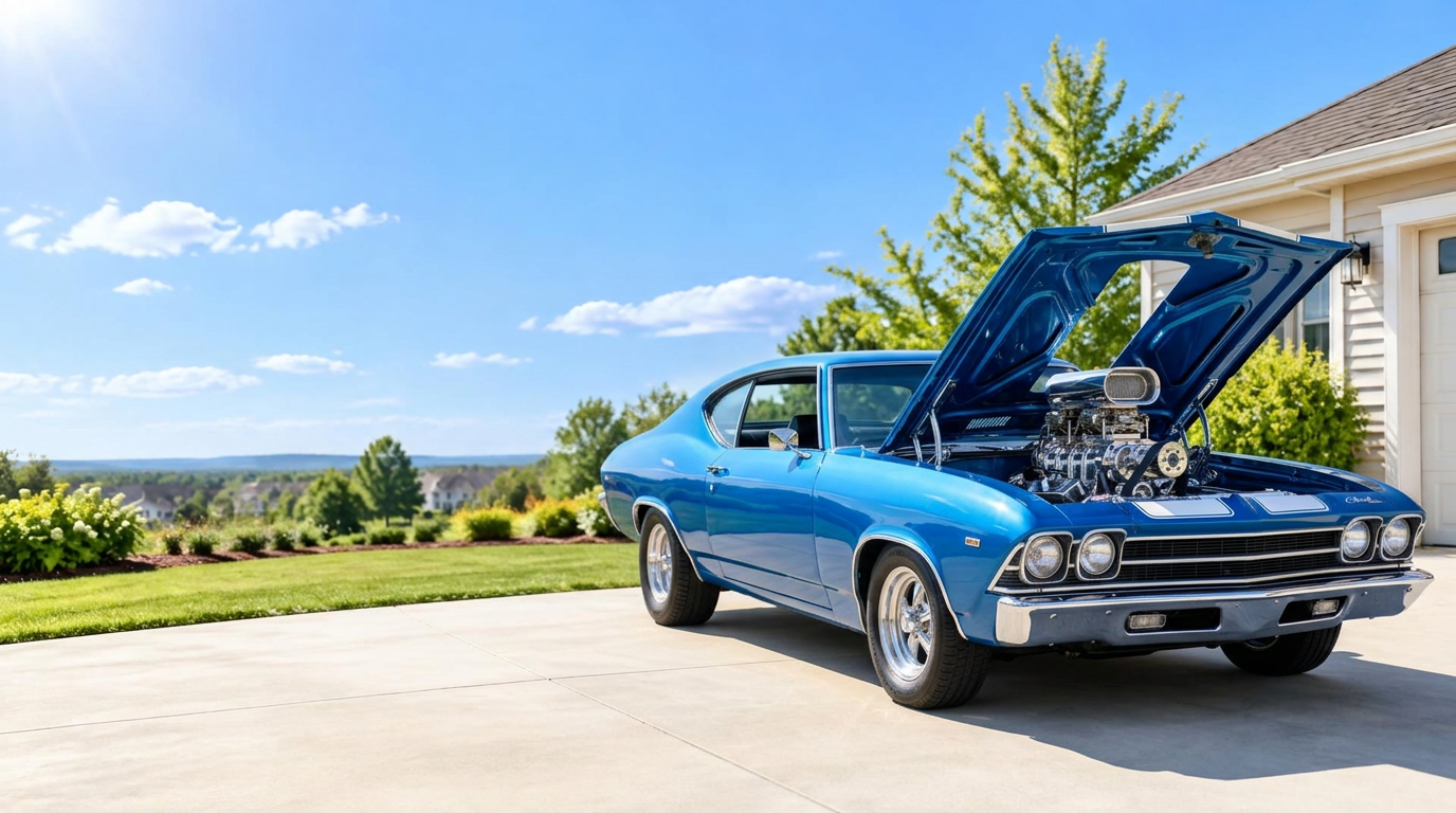 Blue muscle car with hood open in a sunny driveway